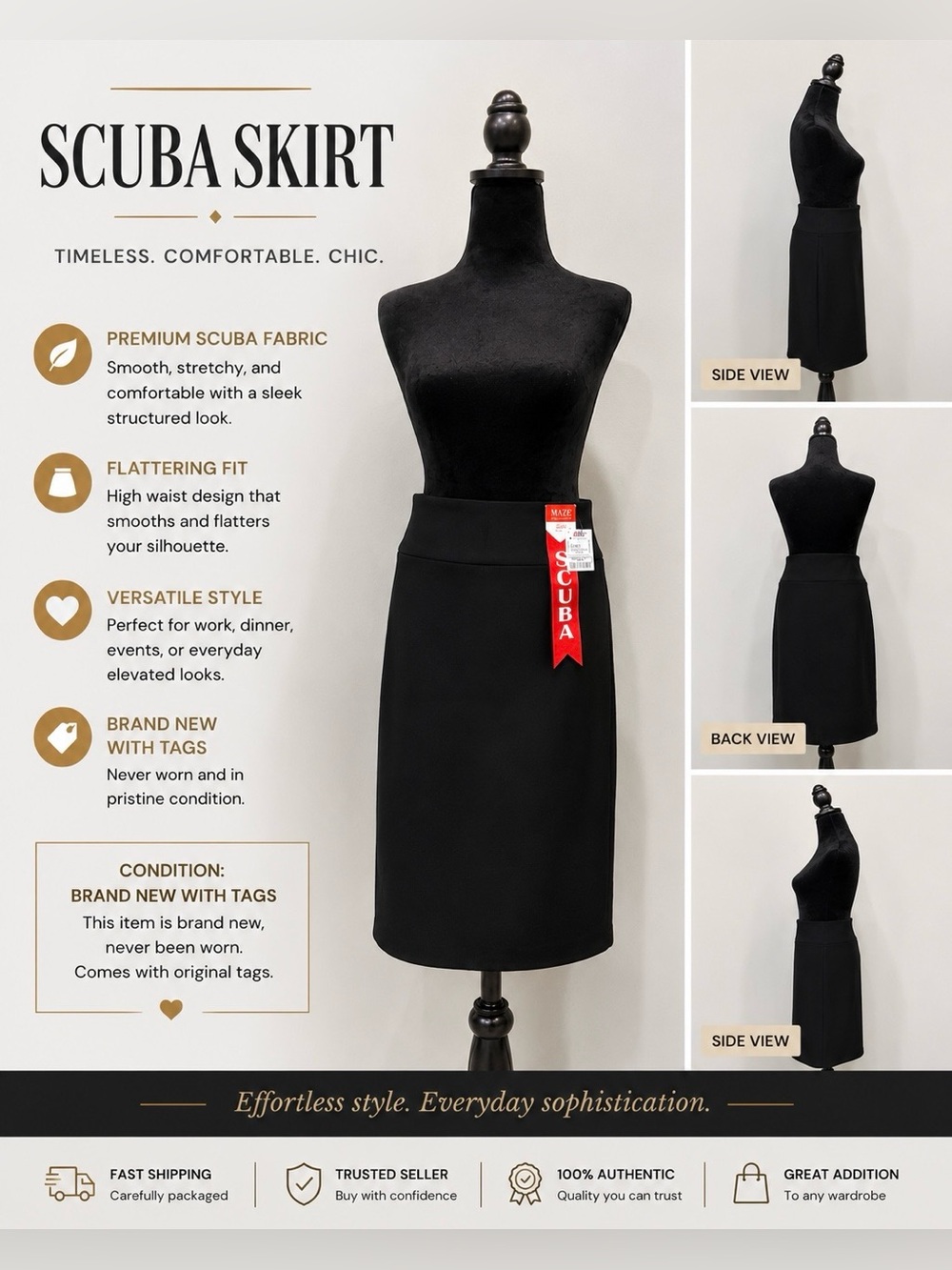 NWT - Black High-Waist Scuba Pencil Skirt | Classic Stretch Office Skirt
